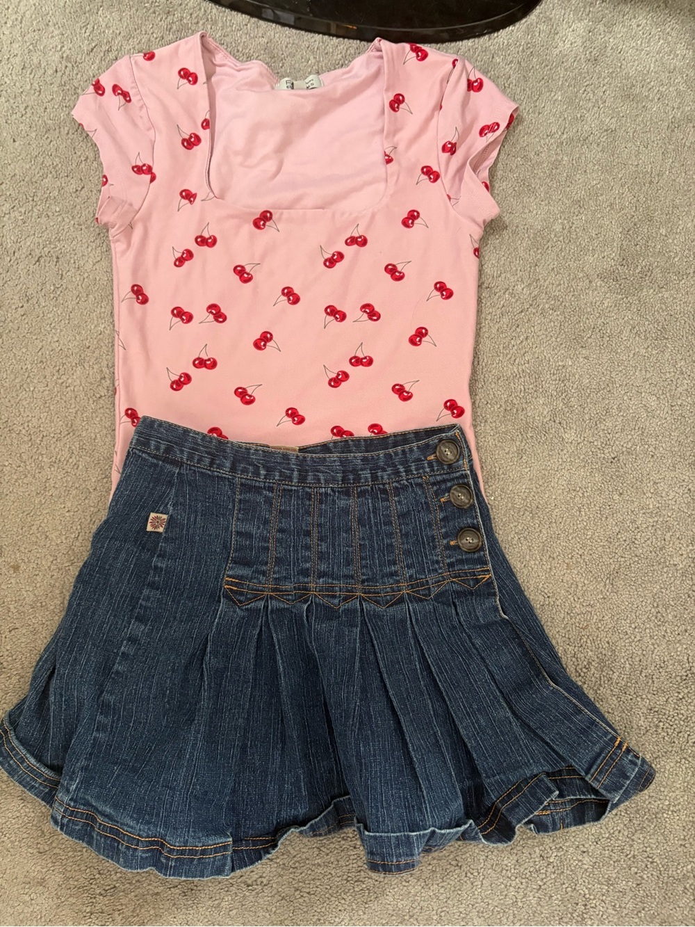 Girls Pink Cherry Print Top with Dark Denim Pleated Skirt